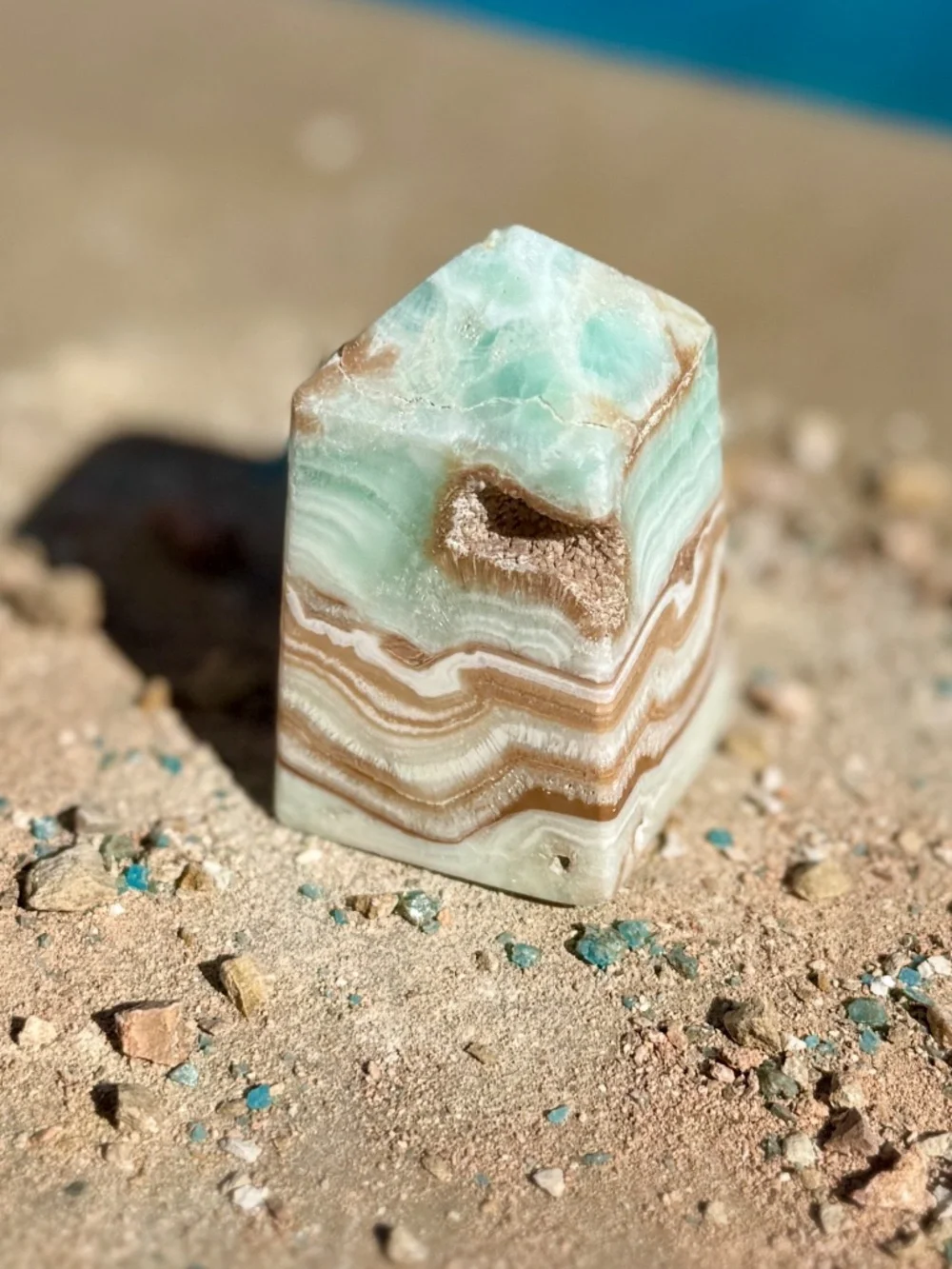 AAA Caribbean Blue Green Banded Aragonite Calcite Crystal Tower